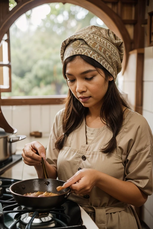 1.2), beautiful hijab malay woman, sitting on floor, wearing loose shirt and a batik sarong, soft lighting, , cozy room, relaxed pose, realistic, intricate details, warm colors, is pouring a meal into a wok in a tradition wooden plank kitchen, top aerial view