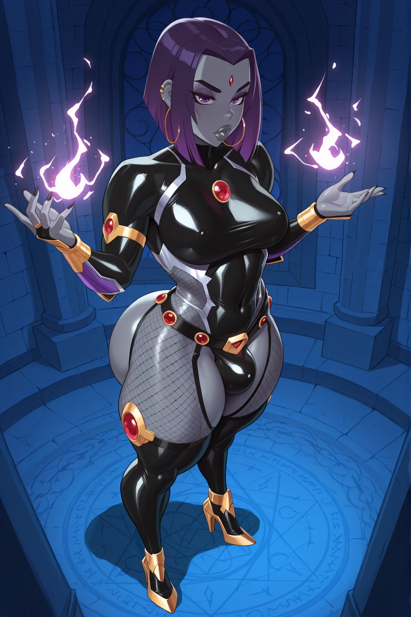 (IllusP0s),(Mikoyan style:0.7),(the pit style:0.7),(masterpiece,best quality,ultra_detailed,highres,absurdres:1.2,amazing quality,very aesthetic), rating_explicit, goth gyaru, raven from titans, grey skin, (taimanin_bodysuit), futanari,forehead jewel,face piercings, thick grey lips, veiny futanari crotch bulge,dark purple eyes, (veiny crotch bulge), small_medium breasts, wide hips, gold hoop earrings, fishnet hip windows, exposed thighs, gold detailing, gold accessories,fishnet hips, red jewel belt, chest jewel, (huge thick thighs:1.4), detailed thigh muscles, gothic magic room background, above view, high heels, shadow magic effect on hands
