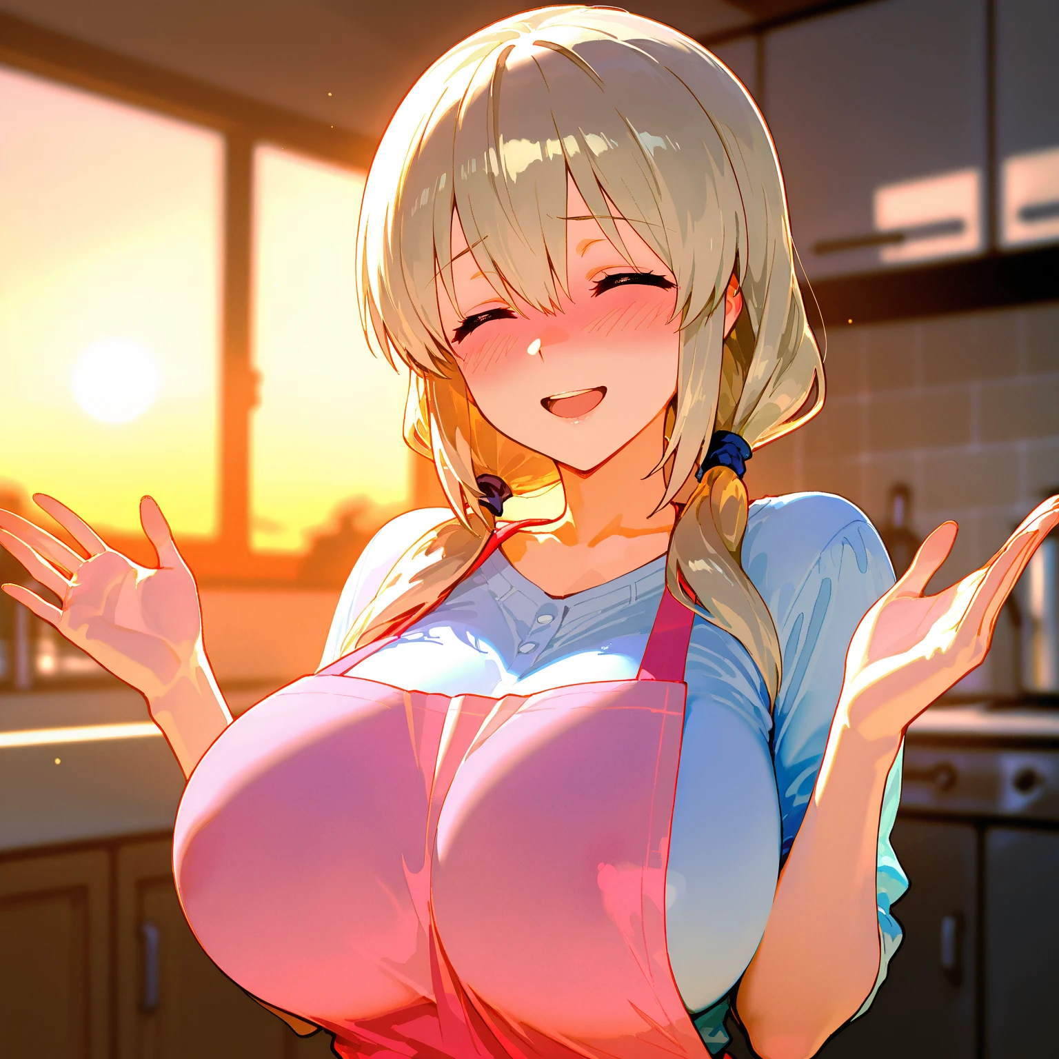 Beautiful anime art style,colorful digital fantasy art,Highres,Real person CG,cleavage, masterpiece, best quality,Outrageous resolution,top quality, 8 thousand,super detailed skin,sharp focus,depth of field,masterpiece,ultra-definition,4K+,8K+,Anime girl,2D,1 girl,solo, golden blonde hair, blue eyes,shiny blue eye, tan skin,shiny tan skin, gyaru, long hair,bob Haircut,scattered pink hair , curvy, very wide hips, large ass, narrow waist, thick thighs, very huge breasts, Wide collar, white crop top,blue Cropped leg pant,bare legs, flirty smile, navel piercing, navel, underboob,makeup, mascara, long eyelashes, necklace, earrings,Anatomically correct, A beautiful woman, 20th Generation, Beautiful breasts,huge breasts,big breasts, sexy body, body curve, slender body, upper body,distinct_image, highly detailed, semi realistic,beautiful anime style,focus face,focus body shape,detailed hands, detailed fingers,front view, looking at viewer, in house, in kitchen, during the day, sunlight,Sweaty shirt, sweaty skin, thin shirt, chest visible through tank top,hentai girl,sexy outfit,erotic atmosphere
