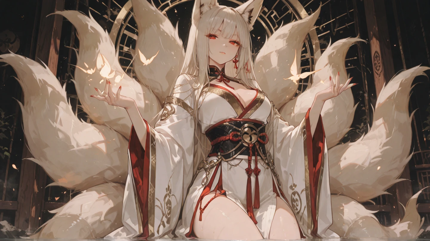 Female. Fox Ears. Nine Tails Kitsune. Blue eyes. Red and Gold robes. Hair Ribbons. Dynamic Pose. Long Silver White Hair. Optimistic. Sorcerer. Dilapidated Chapel Background. Sexy.
