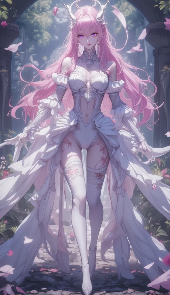 masterpiece, best quality, 1girl, <lora:spmatarakandef:1> matarakandef, arthropod girl, extra arms, antennae, cleavage, cleavage cutout, white dress, navel, thighhighs, blush, looking away, solo, bouquet, flower, pink flower, pink rose, rose, upper body, white flower