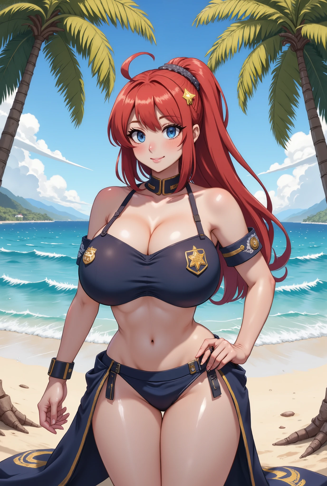 "tmasterpiece,Close-up shot,sportrait,Best Picture Quality,solo person,Off-the-shoulder clothing,Large breasts,cleavage,the original god,Nilu,swimming uniform,beachside,Greenery