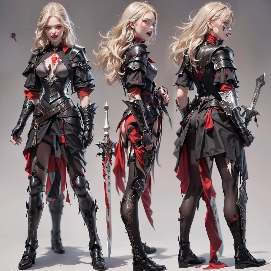 Voluptuous, Busty Blonde Female Dark Knight in ((((Black Full Plate Metal)) Bikini Armor)), Red Eyes, Thigh high Full Metal Plate Armored Boots. (((Full Body View))), Long hair, Messy bun, Wielding a Black Great Sword, (Red Cloak), (Red cheerleader Skirt), detailed, perfect makeup, beautiful lips, large hoop earrings, METAL bikini armor, No Helmet, No Spikes, 