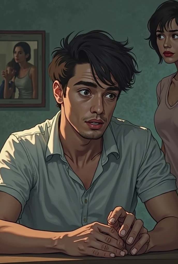 A dramatic realistic illustration of a man in close up, expression of discouragement, jaded, cabelo messdo, wrinkled clothes, in a sleeveless shirt, a television with netflix, a coffee table with beers, mess.