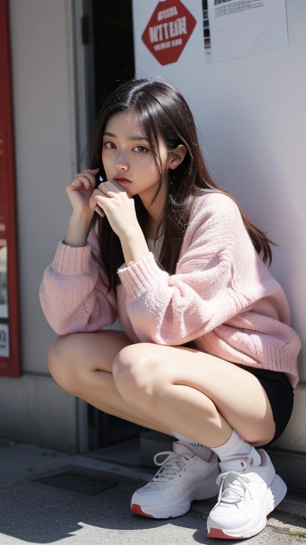 Female supermodel. Pink sweater. Sitting in the middle of road. Dim, soft lighting. Sunset. Meguro River Cherry Blossoms Promenade, Tokyo, Japan.