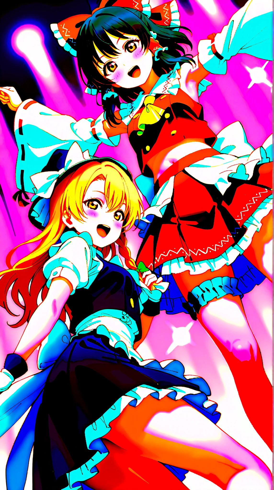 Three magical girls of different heights holding magic wands、Plain white with emphasis on the chestＴshirt、You can see the chest from the neck、Ultramarine and white striped mini skirt、When you lift up her skirt you can see her cute pink frilly underwear...、fluffy, White frilly flared skirt、When she lifted her skirt, She found some cute red frilly underwear、barefoot、classroom、