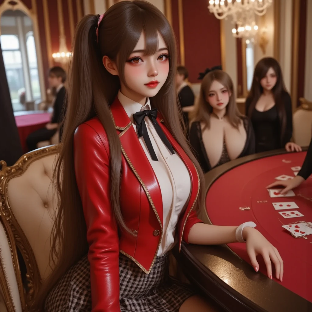 wild view of a wolrd with multiple game characters, group of people in costumes, 4game characters playing cards on table with tokens. they're 1princess peach; 1Sonic the hedgehog; 1Mai Shiranui; 1Diddy Kong. (characters wearing their respectiv outfits, characters in their respectiv shapes)