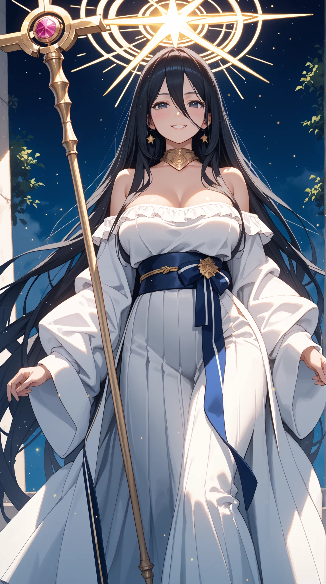masterpiece, best quality, Julia Fey,  1 Girl, Solitary, Long hair, Looking at the audience, blush, Smile, Negative Space, (Bioluminescence:1.2), dark, Dark background, Long sleeve, skirt, Bare shoulders, Medium breasts, very Long hair, Wide sleeves, cape, white skirt, ring