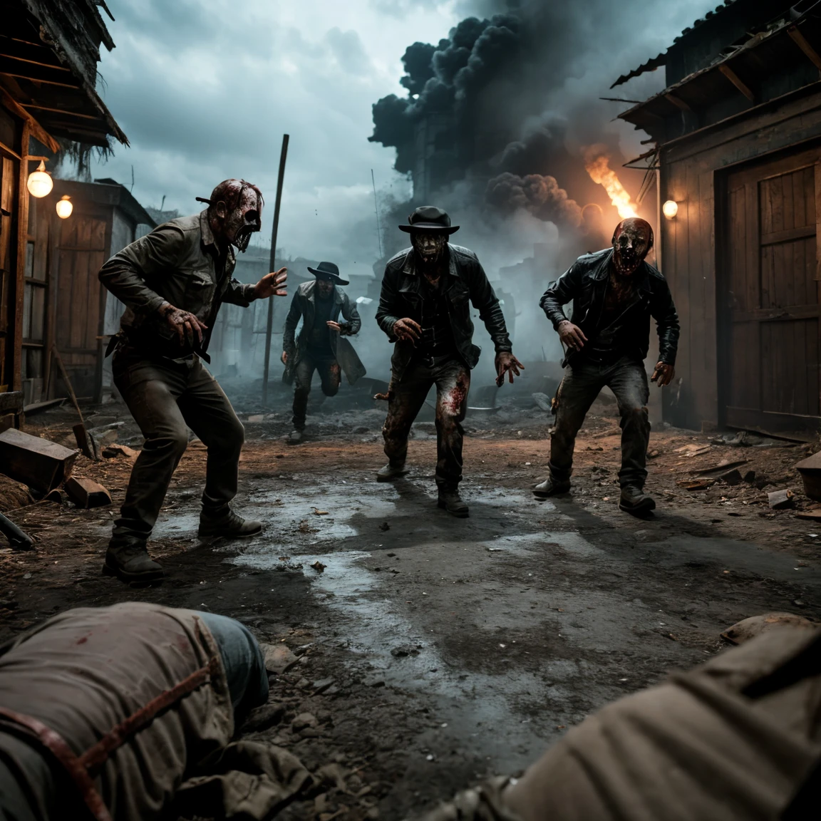 A zombie gang attack a village 