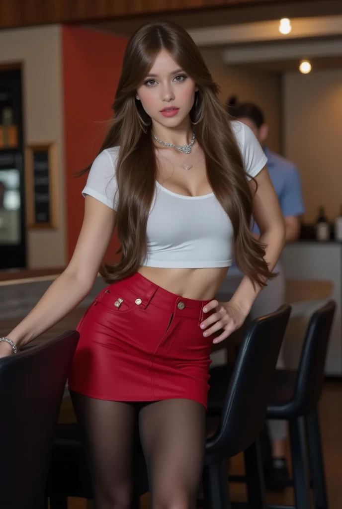 a woman in a white tank top and brown leather shorts, wearing tight simple clothes, tight outfit, tight attire, sexy girl, sexy look, sexy outfit, very sexy outfit, wearing tight shirt, wearing a cute top, attractive girl, leather top, sexy style, sexy girl wearing shorts, wearing a sexy cropped top, blonde goddess, tight shirt, leather, gorgeous woman