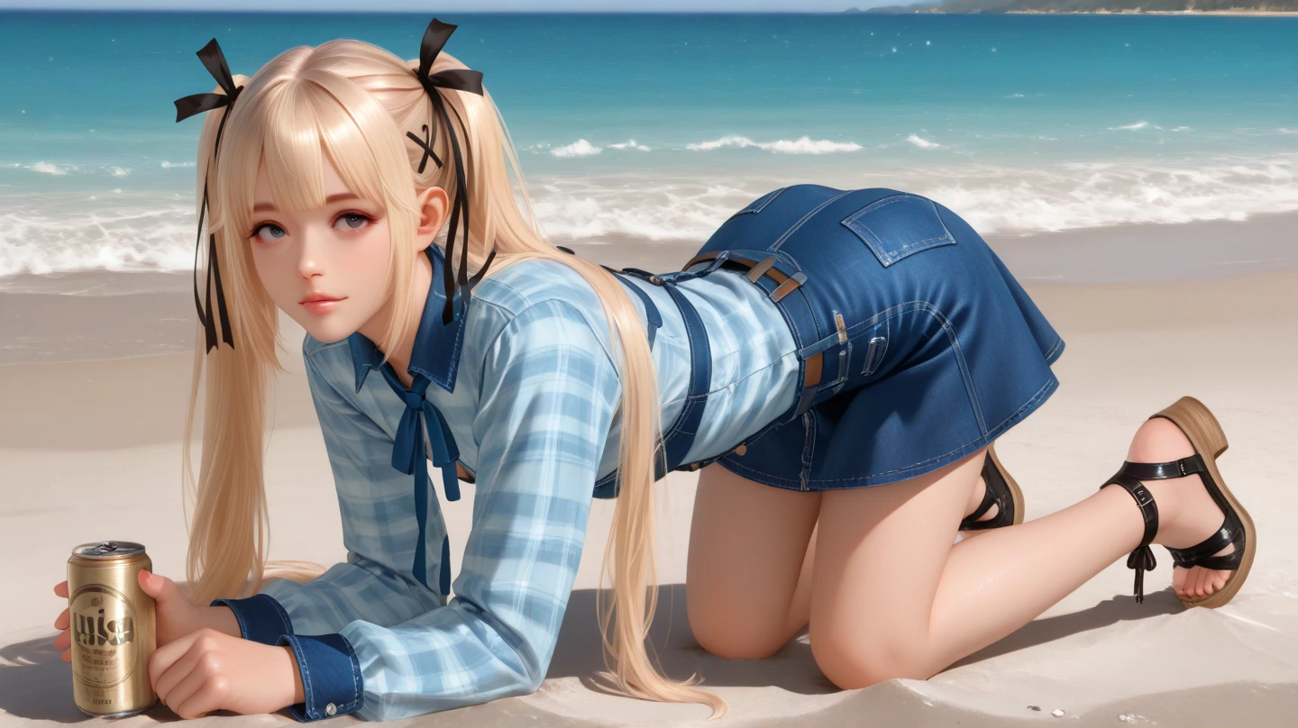1girl, (masterpiece:1.1), (best quality:1.1), (white blouse:1.1), BREAK [blue:pink:0.5] theme, cowboy shot, full body, sideways view, looking at the audience, break pink hair, long hair, delicate facial features, blue eyes, white flowers, white top, denim miniskirt, white sneakers, lying on your side, beach, selling cute
