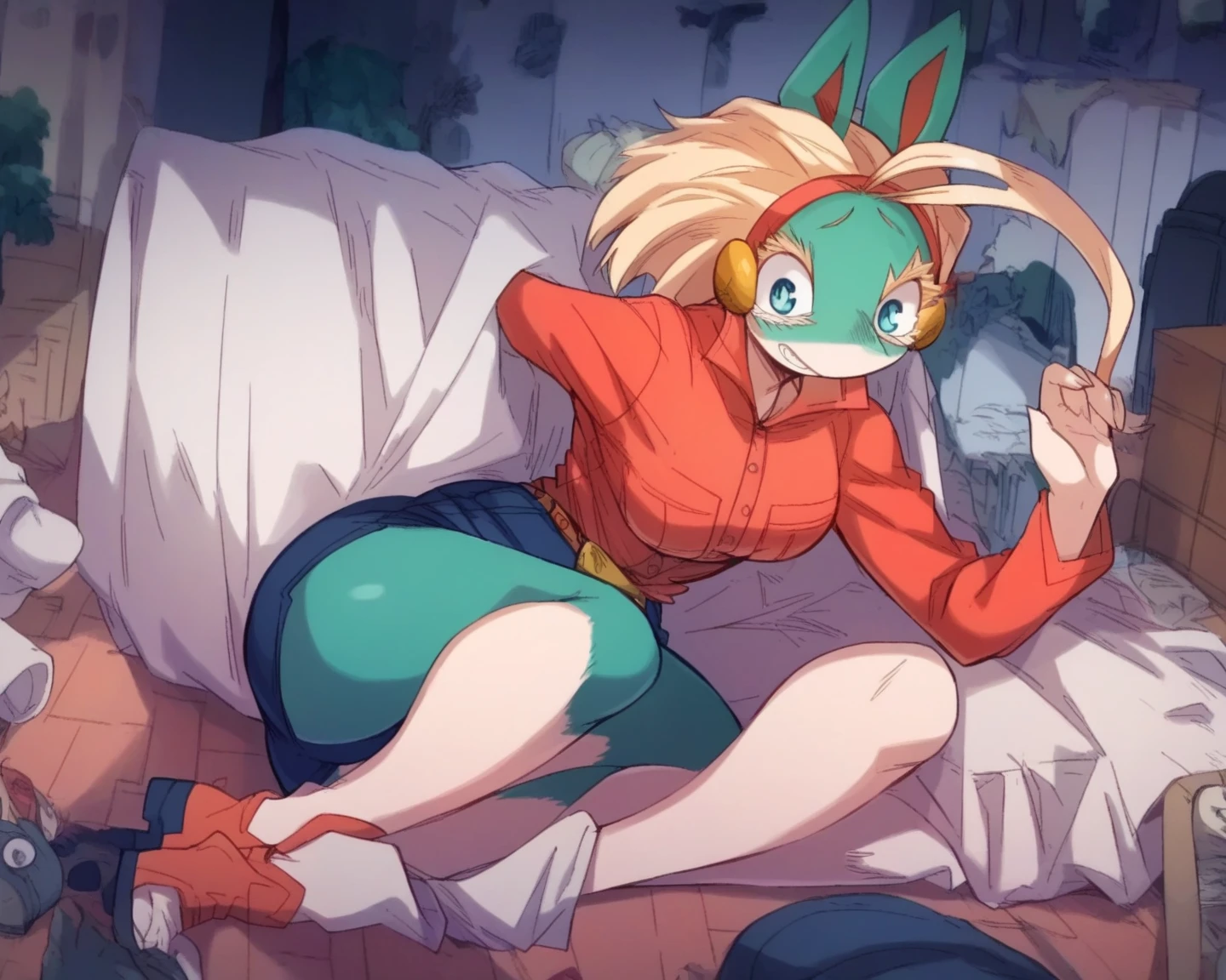 sthmarine, body fur, raccoon ears, raccoon tail, blue eyes, shirt, bike shorts, sitting, frown, bedroom <lora:Marine-Raccoon-000008:1>