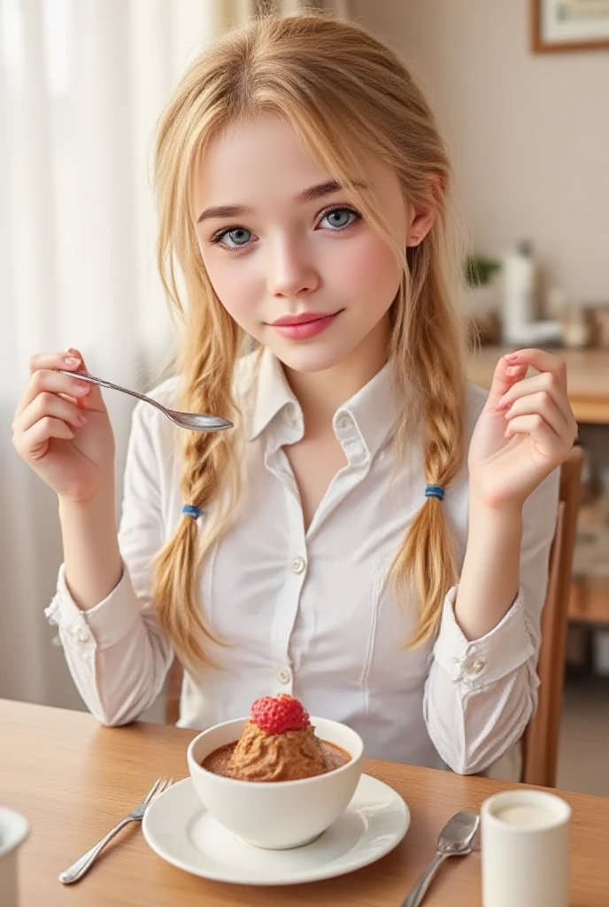 girl CHILD 10 years old, Russian blonde in braids, Banana split