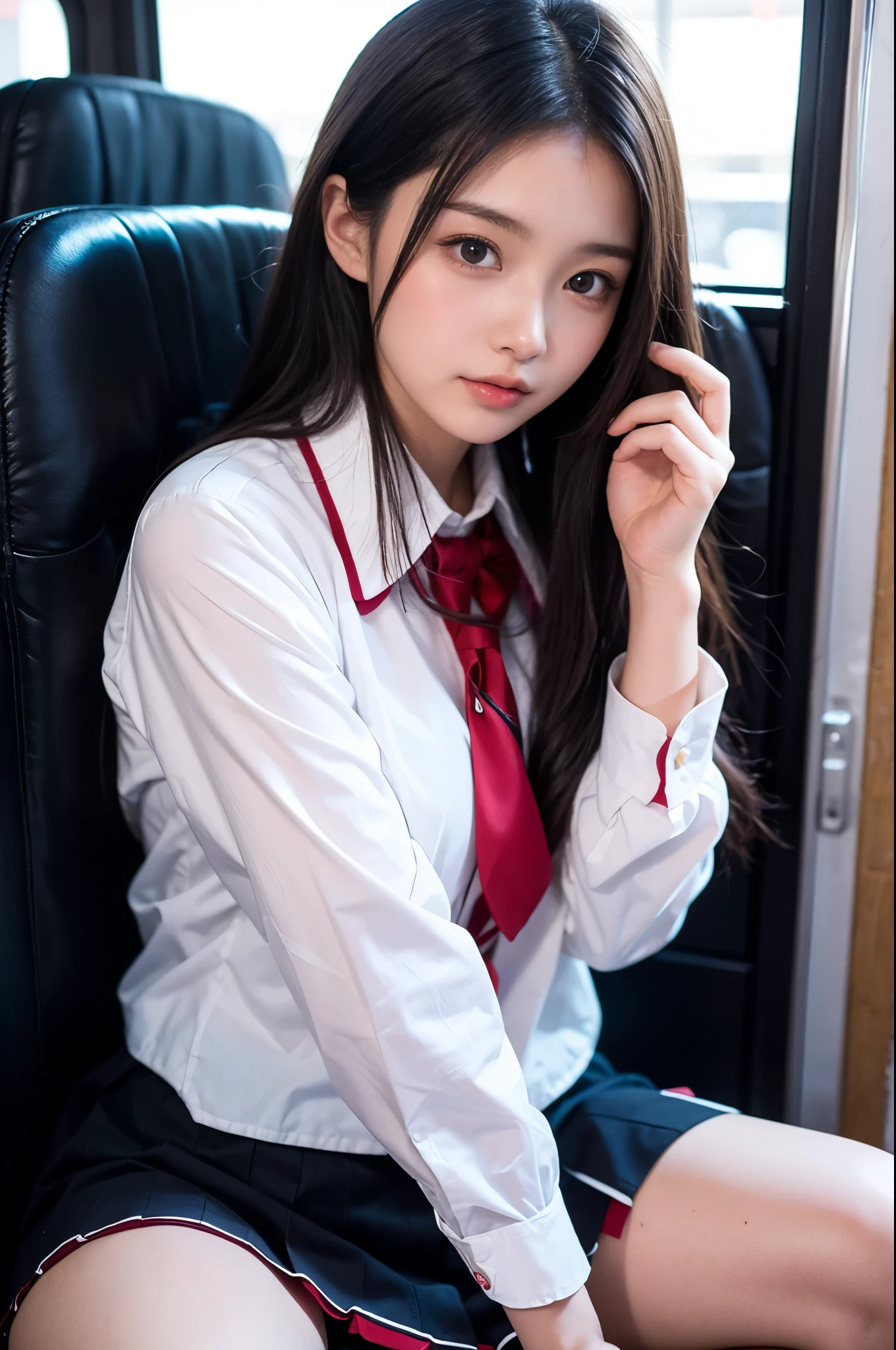 (masutepiece, Best Quality:1.2), 8K, 18year old, 85 mm, Official art, Raw photo, absurderes, White dress shirts, Pretty Face, close up, Upper body, violaceaess, gardeniass, Beautiful Girl, School uniform, (Navy pleated skirt:1.1), Cinch West, thighs thighs thighs thighs, Short sleeve, on train, Sit on a bench seat, Looking at Viewer, No makeup, (Smile:0.4), Film grain, chromatic abberation, Sharp Focus, face lights, clear lighting, , Detailed face, Bokeh background, (dark red necktie:1.1)、Colossal tits