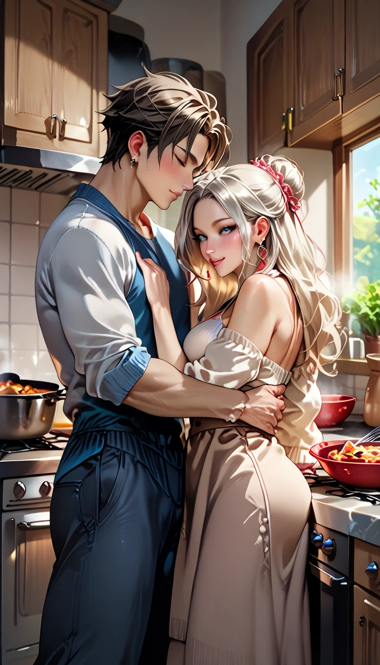 ((Absurd, taller than, Ultra HD)) 1 male, 1 female,mature, Kiss each other, Girl sitting at the sink, The man stood in front of her、Bend slightly towards her, The man is shirtless, Wearing blue jeans ,woman wearing beautiful pink dress, Wisteria flowers blooming all around, beautiful, landscape, romantic,((calm and romantic expression:1.2)) ,Pixiv, Digital Painting, Manly men, beautiful elegant woman, (Stylish grey hair for men), (Women's long brown hair)