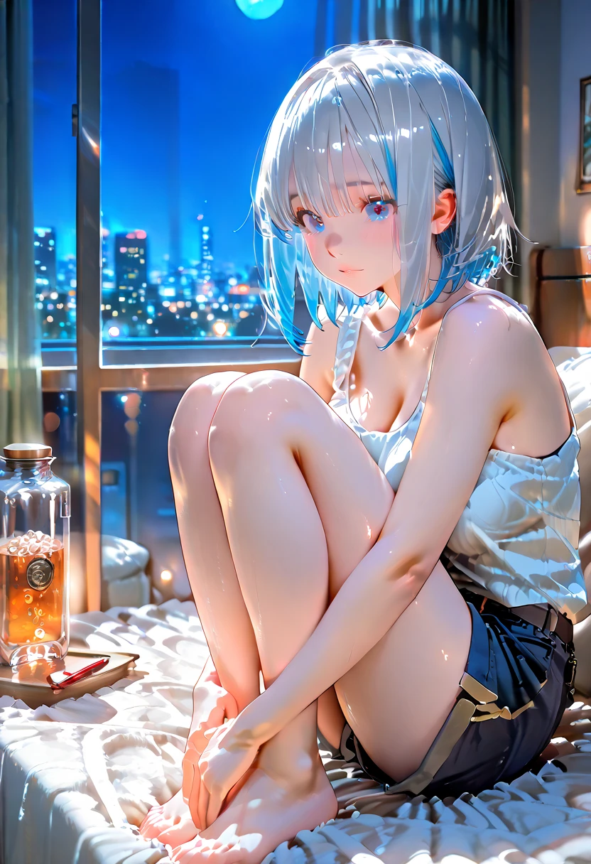 one girl、light blue hair color、light blue eyes、night、medium bob hairstyle、looking at me、shyly、sitting
