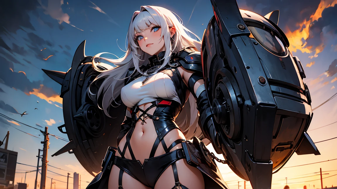 white hair, messy hair, long wavy hair, atmospheric perspective, 8k, super detail, best quality, cinematic lighting, masterpiece, Mechanical body, black steel body parts, large wings growing from its back, detailed face, detailed eyes, anime style, Her thighs are exposed and showing skin, Her upper arms are exposed and showing skin, rifle, Hold the rifle and aim