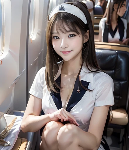 super close up、A CA woman is in front of me.、(Very sexy and revealing outfits for flight attendants)、Enchanted expression、He opens his mouth and lets out a breath.、Sexy clothes that show your chest、Very beautiful Japanese gravure idol、Simuuna、very stylish、Very long legs like Korean idols、((very big boobs))、(inside the plane)