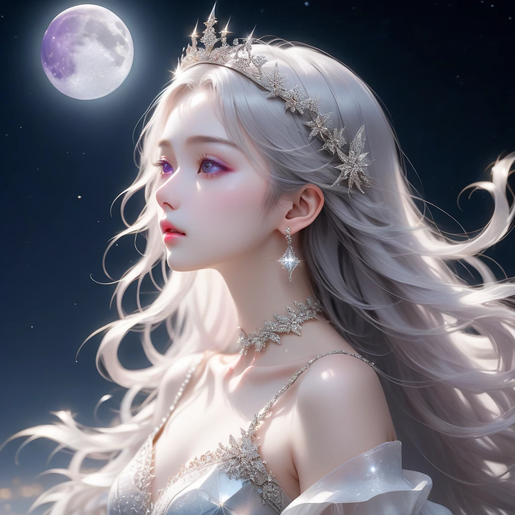 A fairy,White satin tulle gown,White fringed hair ornament,Long white hair,Big chest,Charming side face,A noble gesture,Faraway view,8k,Flying on one leilky Way starry sky background,Fairy spirit fluttering halo,Profile vision