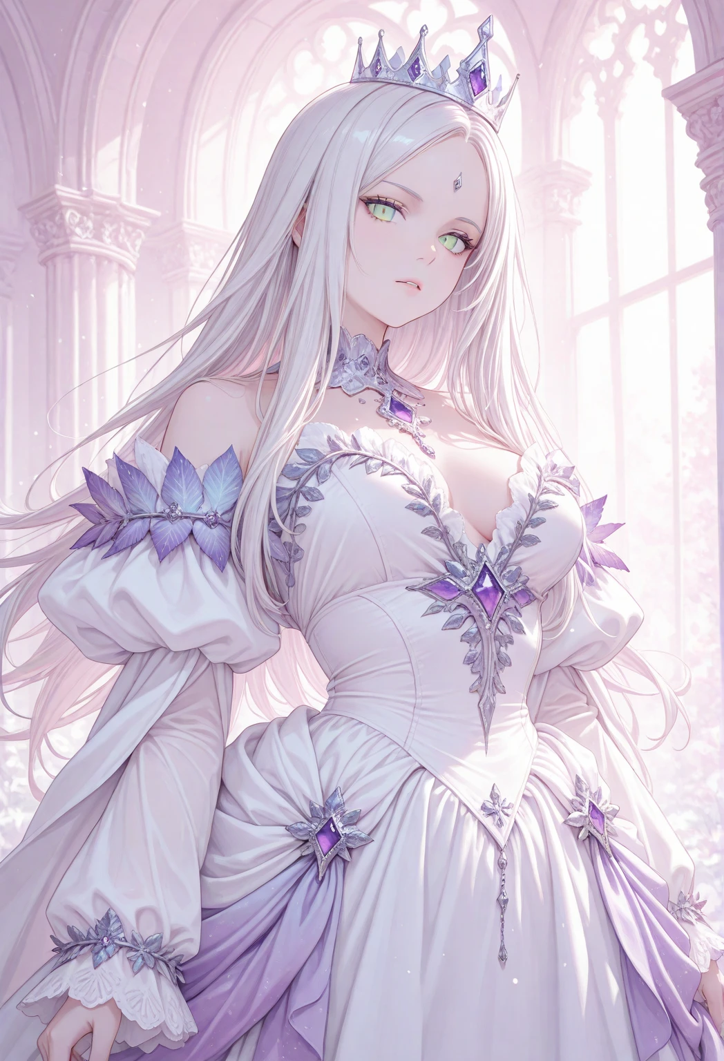 Princess, princess dress, purple dress, puffy sleeves, breasts, tan skin, crown, long hair, silver hair, blue eyes, teasing, diamonds, jewelry, earings, water, wet, 1girl, solo, mastrpiece