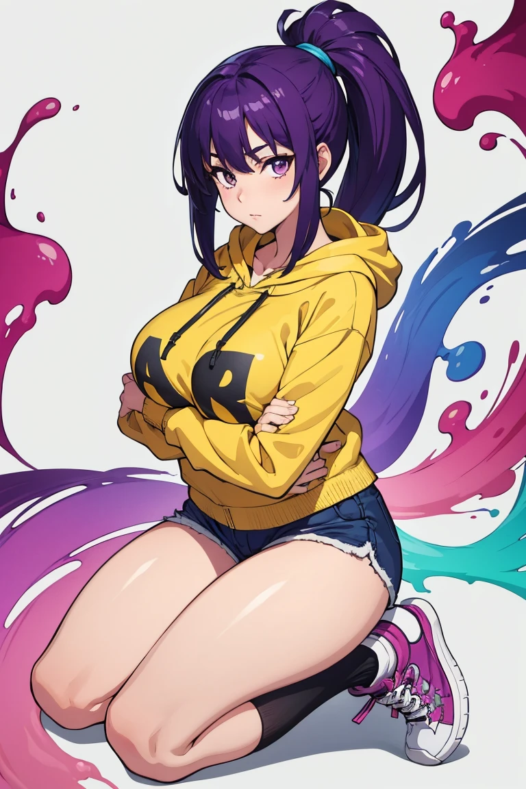abstract background, vivid colors, paint splashes, rainbow theme, 1girl, purple hair, ponytail, yellow hoodie, cleavage, short shorts, loose socks, sneakers, looking at viewer, <lyco:STYLE-Ke-Ta_v1.1.6:1>