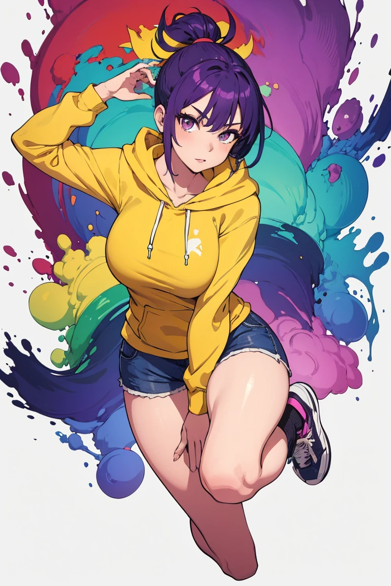 masterpiece, Highest quality, One girl, Purple Hair, ponytail, Yellow hoodie, Short shorts, loose socks, sneakers, seiza, View your viewers, Large Breasts, Glowing Skin, Abstract background, Vibrant colors, Paint splashes, Rainbow Theme