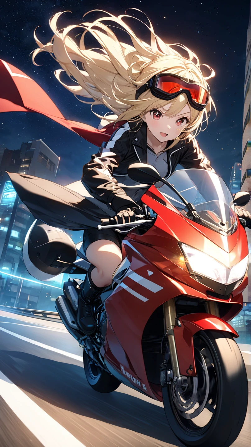 ((Highest quality))、((masterpiece))、(detailed)、((Anatomically correct))、(High resolution、8k)、One Woman、Riding a motorcycle、Half helmet with goggles、City、Skyscraper district、Blonde、Riders jacket、Black trousers、Black boots、