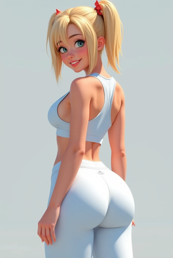 Uma garota sexy com cabelos castanhos, ela tem os maiores peitos e bunda do mundo, she is at the gym, wearing a white bra, and jeans showing white panties