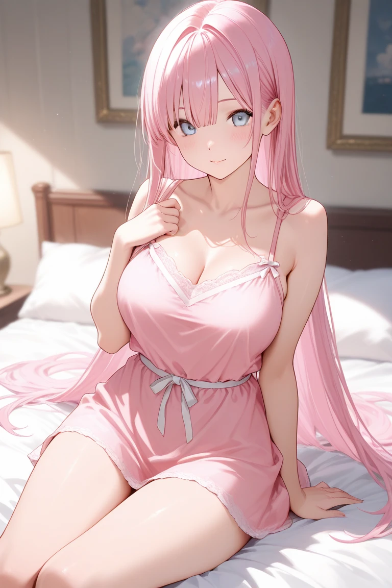 (masterpiece、highest quality、Super detailed)、((One girl))、((Pink Hair))、((Twin tails))、((Light blue eyes))、smile、Earrings、((Very large breasts))、Nurse cap、((nurse))、Short sleeve、((cleavage))、((Open chest))、((pencil skirt))、socks、shoes、sitting、knees up、open legs on bed、Hospital room background