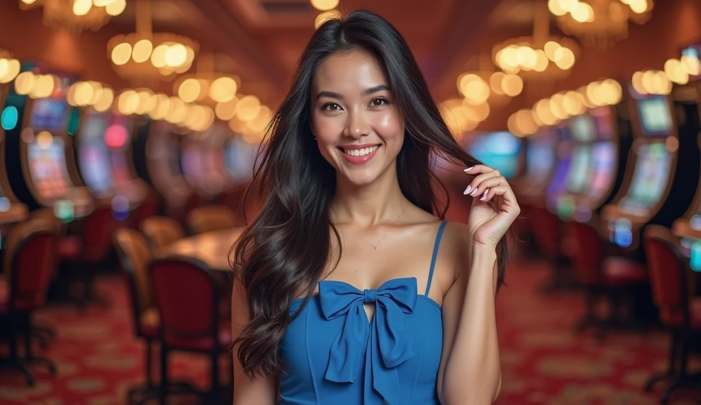 Brunette girl with long braid holding casino chips