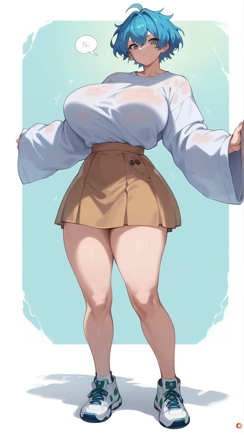 1 woman, long wavy orange hair, green eyes , sly face , glasses , white tank top , black bikini , abdomen, big breasts , Put your hands on your hips. , canvas shoes , public