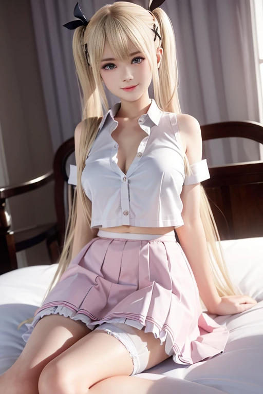 Full body photo of Marie rose, Blonde hair, squatting, legs spread, (wearing Pink schoolgirl uniform)(high waist skirt)(Pink shirt) blush,shiny_skin, Massive breasts, deep cleavage, perfect breasts,Hourglass Body,Thin waist (Intricate, High Detail,Perfect lighting,perfect shadows, dramatic)(realistic:1)(beautiful face,detailed skin,detailed eyes:1)(realistic pupils,realistic iris:1) (gradient_background)