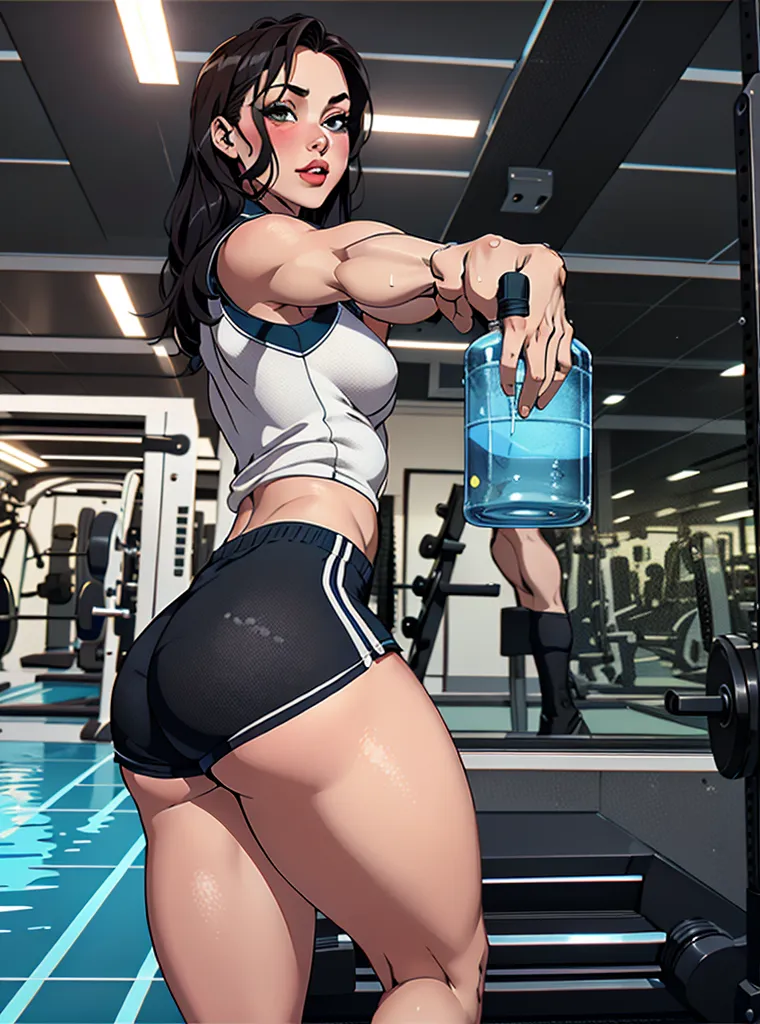  A sexy elite girl, beautiful, tall, wavy turquoise hair, mencho cut, short forehead, soft green eyes, purple eyelashes, she wears a metallic blue gym top, sexy sensual curve, and a blue short, a small gray boot.