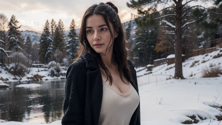 Winter Prompt: Augustina stands in a snowy forest at a steep south mountain side, wrapped in a warm leather fur and seams in cotton-broidery cloak adorned with feathers. Her cloak features the Adler (Eagle) symbol, signifying truth and loyalty. Around her neck, she wears a necklace with the Auge des Medizinmannes (Medicine Man's Eye), symbolizing spiritual wisdom. The winter scene around her reflects the serene and contemplative energy of the season. Clothing and Symbols: Leather cloak with feather details Necklace with the Medicine Man's Eye symbol Embroidered eagle symbols on her cloak