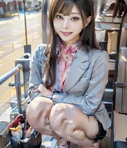 1 female、alone、(super beautiful)、(beautiful face:1.5)、bus guide、(spread your legs)、(show me your white panties:1.1)、bus guideユニフォーム、(white collared shirt:1.5)、(Tailored jacket:1.4)、(Peach-colored miniskirt:1.3)、(Satin scarf:1.5)、(Thin white gloves)、high heels、have、(Bus seats)、(At SFW:1.6)