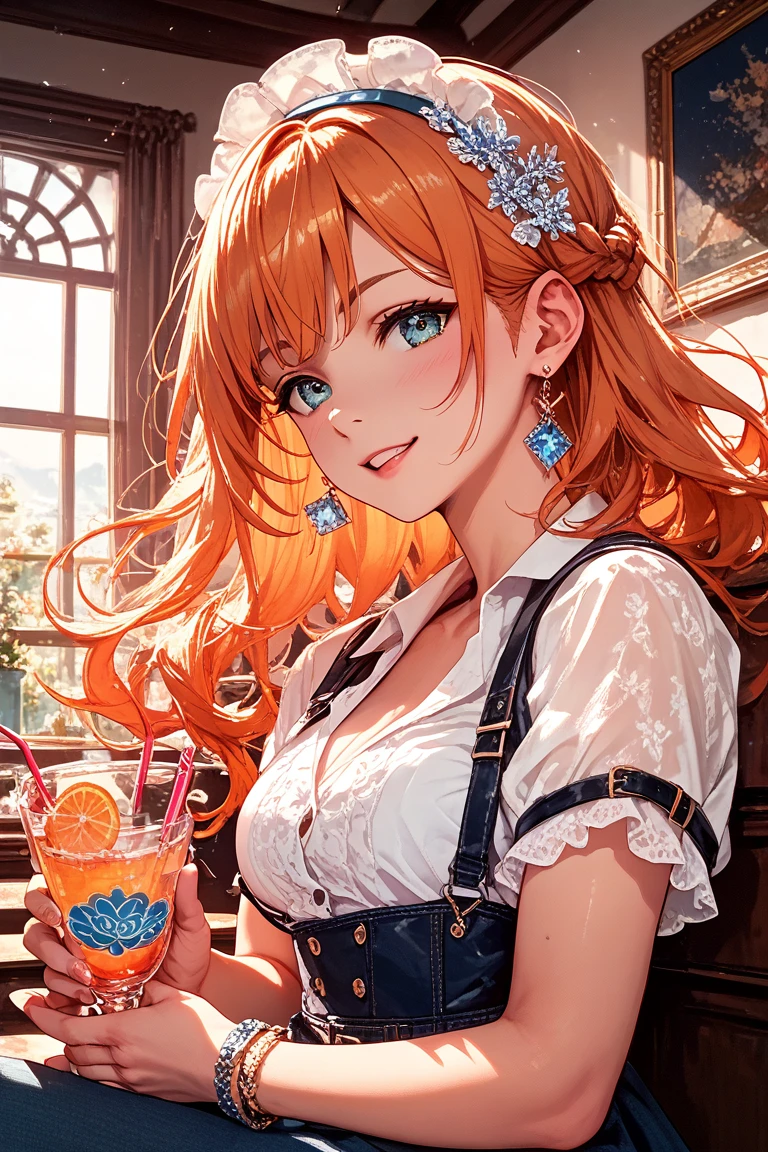 girl with amber hair and eyes, wearing white top, denim leggings, holding a drink, smiling, cafe, blushing