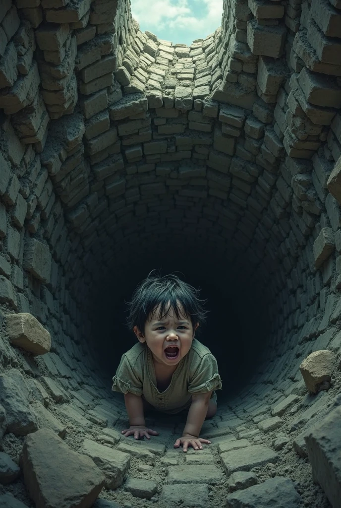 The boy was lamenting inside the well 
