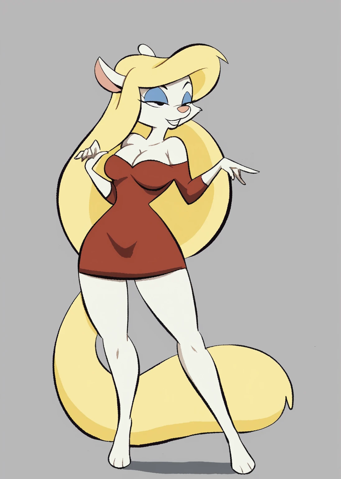 goldie, 1girl, bird girl, long hair, blonde hair, solo, elbow gloves, blue eyes, choker, earrings, ponytail, makeup, fur dress, furry,looking at viewer, smile,full body, hand on own hip, on stage, score_9, score_8_up, score_7_up, score_6_up, on knees, ass, spread legs, hand on knees, back view,
