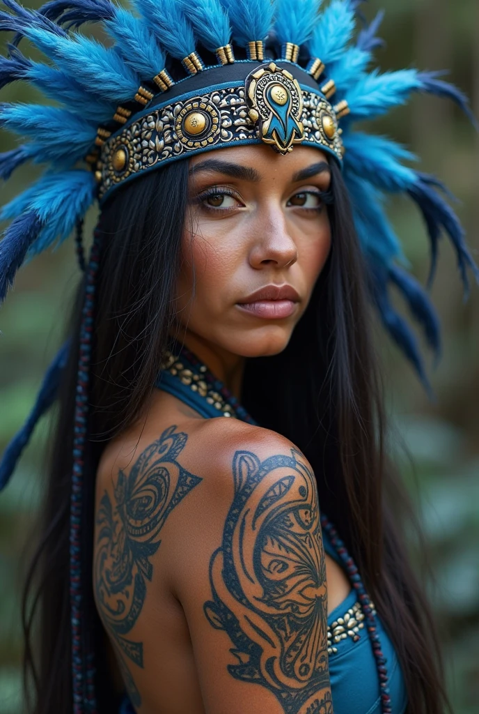 Realistic image of a beautiful native American woman sitting next big trees and flowers, alone, with long hair, looking at the viewer, black hair, brown eyes, jewelry, braid, earrings, dark skin, necklace, mole, dark-skinned woman, lips, tattoo, feathers, headdress, facial tattoo, Native American, 