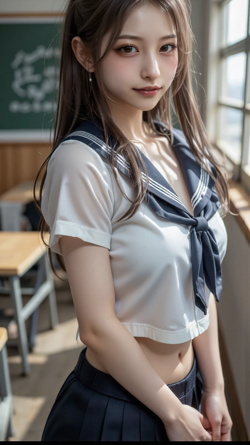 ((Breast enlargement)), (masterpiece, Highest quality:1.2), 8K, Young and beautiful girl, 85mm,Official AR RAW Photos, (Baby Face), ((Small face)), (((Super big breasts))), Detailed nipples, Show me your ears、photo shoot, Cute face, Thighs, Classroom after school, Looking at the audience, Embarrassing、smile、 makeup, Film Grain, chromatic aberration, Sharp focus, Face Light, Bright lighting, 10 generations, Detailed face, Background blur、((((((14 year old high school girl))))))、Narrow waist, ((Sailor suit, Navy Pleated Skirt)), (White tiny panties), Sit with your hands on your knees, (Show me your underwear)