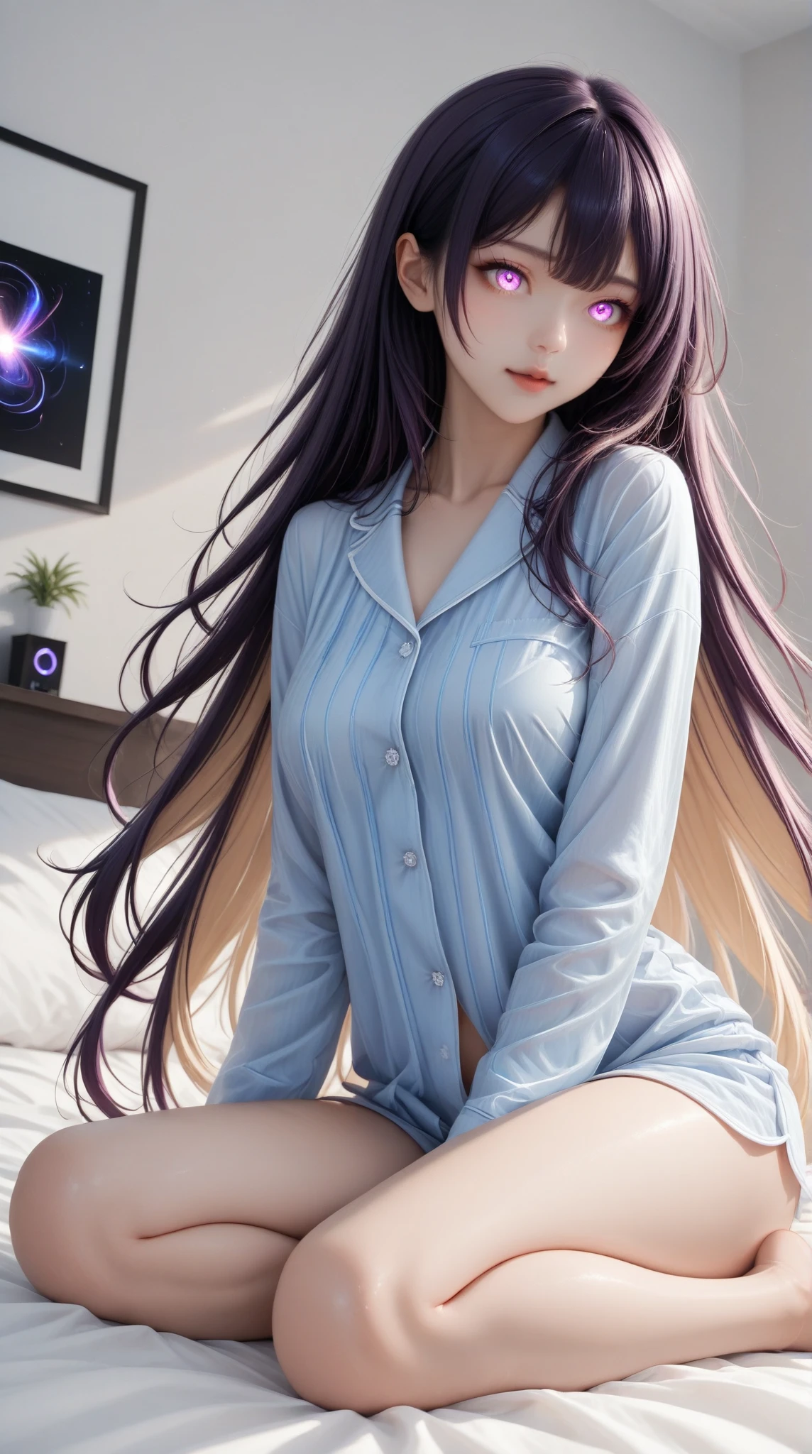 arafed woman with blue and purple hair posing on a bed, realistic anime 3 d style, 3 d anime realistic, photorealistic anime girl render, artwork in the style of guweiz, seductive anime girl, trending on cgstation, realistic artstyle, ig model | artgerm, photorealistic anime, anime styled 3d, anime style. 8k