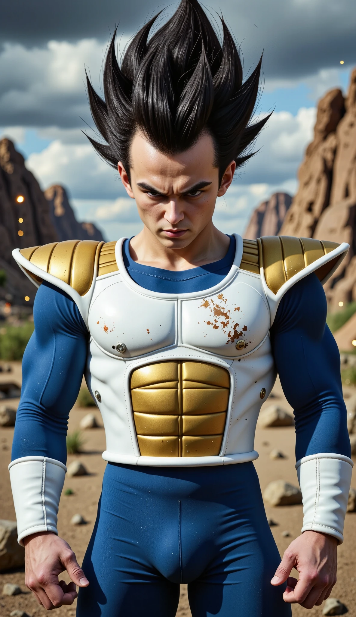 (masterpiece, best quality:1.2), cowboy shot, solo, male focus, 1boy, vegeta, serious, looking at viewer, black spiked hair, black eyes, armor, white gloves