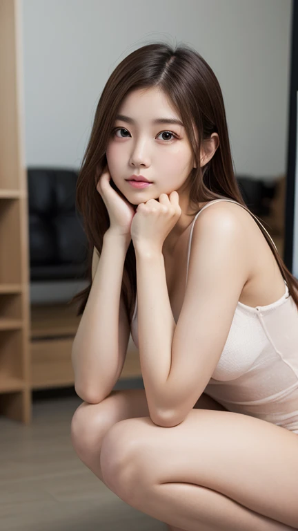 In detail, High resolution, high quality、Perfect dynamic composition, Beautiful attention to detail, Medium Hair, small 、Natural color lip,Kamimei、Shibuya Ward、20-year-old girl、1 person、Clear Skin、Shiny Hair、Tabletop, 最high quality, figure, Super detailed, In detail, High resolution, 8K、The correct state of the human body、squat、Sculpture model pose,Hair dancing in the wind