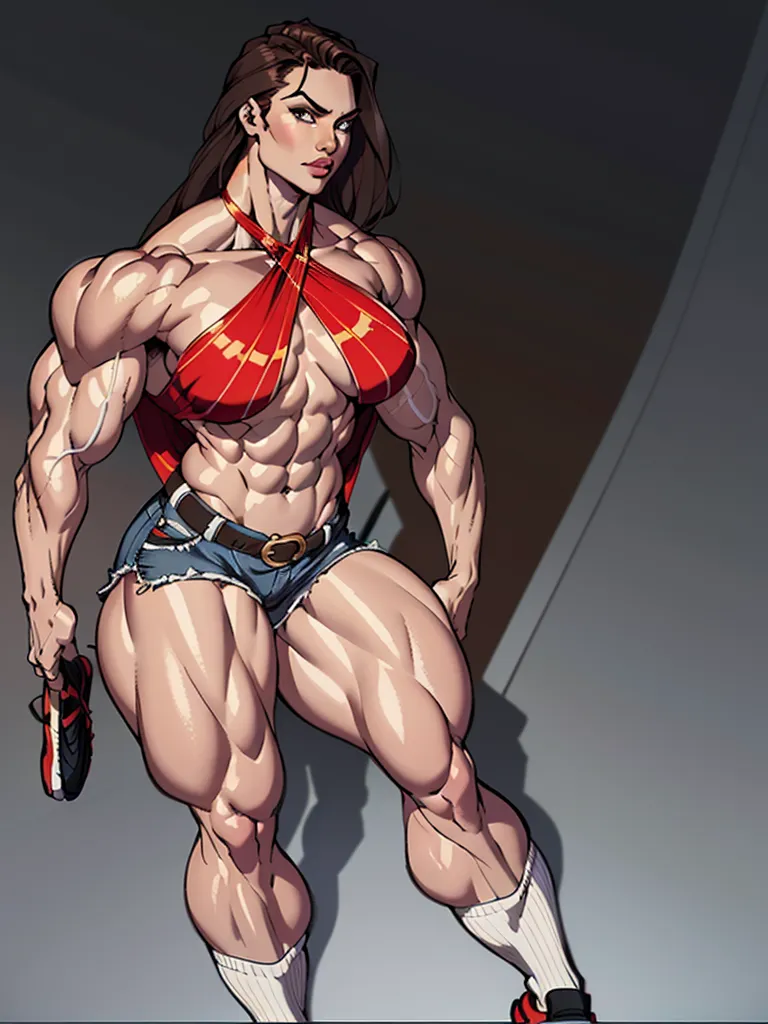 girl solo standing (((muscular girl toned body large breasts thick))) yellow eyes black hair pale skin perfect anatomy perfect anatomy perfect anatomy