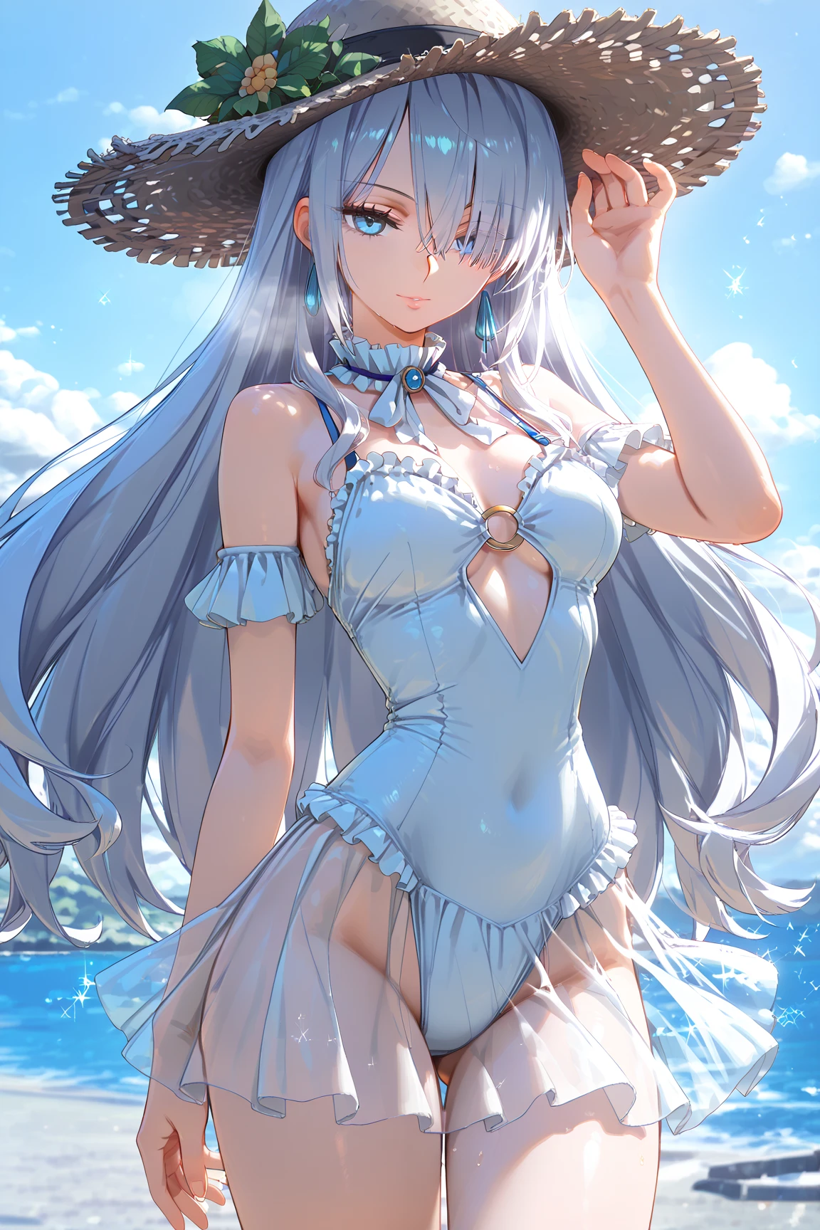 UHD,masterpieces,perfect figure,1girl,solo,white hair,middle breasts,long air,white skin,smooth skin,blue eyes,smilling,speard hair,light-blue dress,beautiful waist,16 years old,white panyhose,nake arms,bows in head back,sitting,bright sky,sunny weather,Translucent fabric,cute style,at the sea,