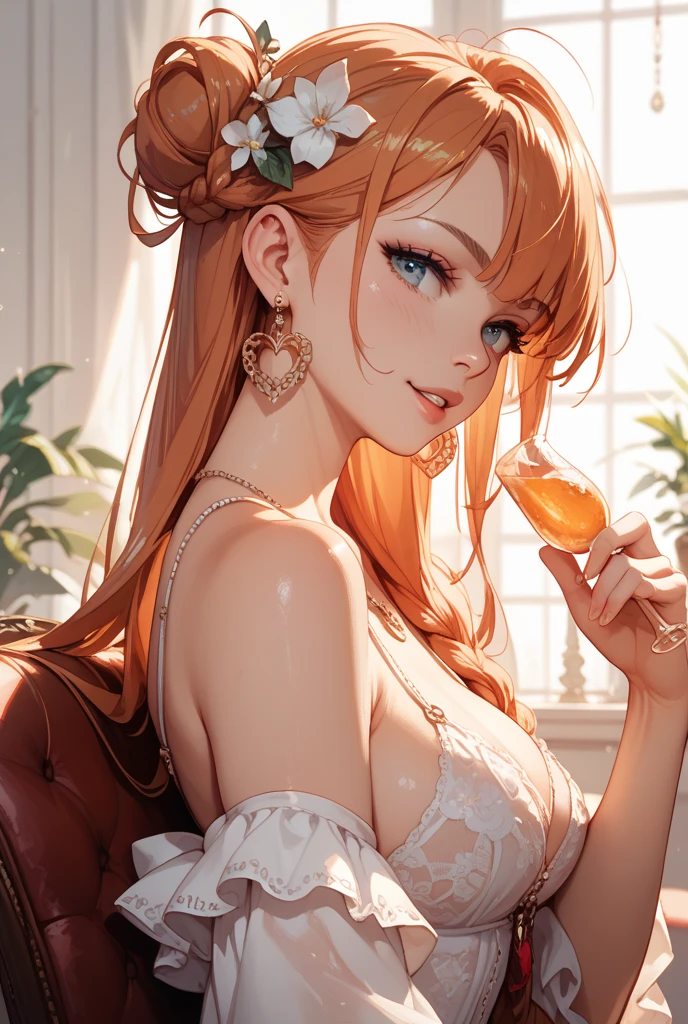 (masterpiece, best quality:1.2), solo, 1girl, Matsumoto rangiku, bleach, orange curl hair, looking at viewer, earrings, midriff, official art, extremely detailed CG unity 8k wallpaper, perfect lighting, (masterpiece:1.0),(best_quality:1.0), ultra high res,4K,ultra-detailed, photography, 8K, HDR, highres, absurdres:1.2,, bokeh:1.2, lens flare, (vibrant_color:1.2),(beautiful_face:1.5),(narrow_waist),(perfect hands, perfect anatomy), bathing, armpits, breasts, white wedding dress, wedding dress, gala dinner, holding a glass of wine, white dress