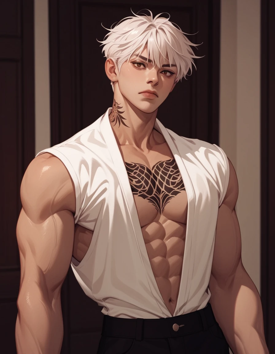 1 male, high resolution 8k, adult, handsome, perfect face detail, detailed eyes and face, clean shaved, sixpack realistic, white eyebrow hair, white eyelashes, dynamic lighting, unreal engine, hd picture, satoru gojo, Jujutsu kaisen, white hair, short hair ,hair between eyes ,blue eyes, white skin,