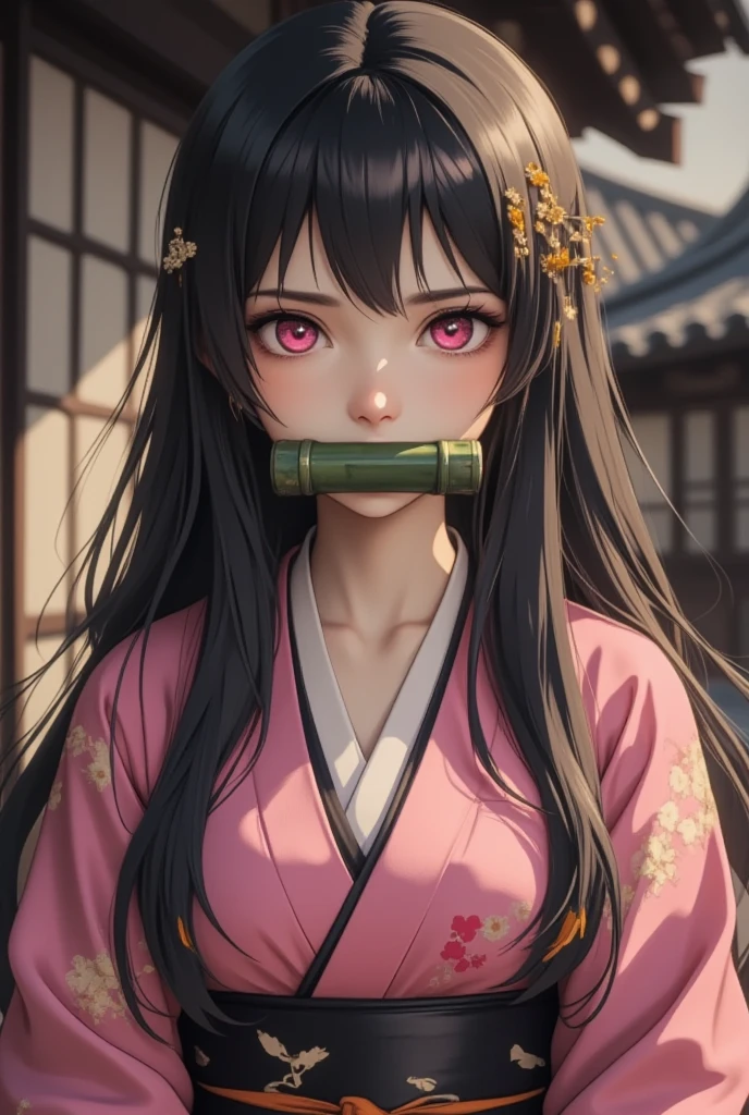 Close-up of a woman holding a 10cm piece of bamboo in her mouth, nezuko-chan, nezuko, Super villain IU Lee Ji-eun, Live-action movie stills, Black Pink's Jisoo, BLACKPINK's Jisoo, Korean symmetrical face, A scene from a live-action movie, blackpink jisoo portrait, Behind her is an ornate Korean polearm.