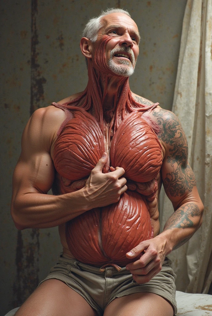 a close up of a man in a red leather underwear, stomach skin, meat with veins, flesh texture, real flesh texture, red scales on his back, textured skin, realistic flesh texture, clothes made out of veins, body with black and red lava, human skin texture, bark for skin, gigachad muscular, adonis belt, abdominal muscles