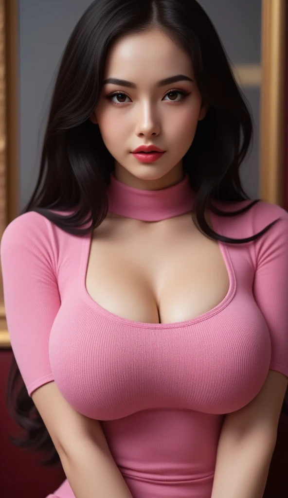 One girl, Lips parted, blush, compensate, A light smile, Black Hair, Red eyes, (Deep cleavage,A sheer crop top that reveals her nipples,See-through:1.2),(Long, tight mini skirt with side slits,),light, Shine, Thighs, clavicle, Tight waist, (masterpiece), wallpaper,